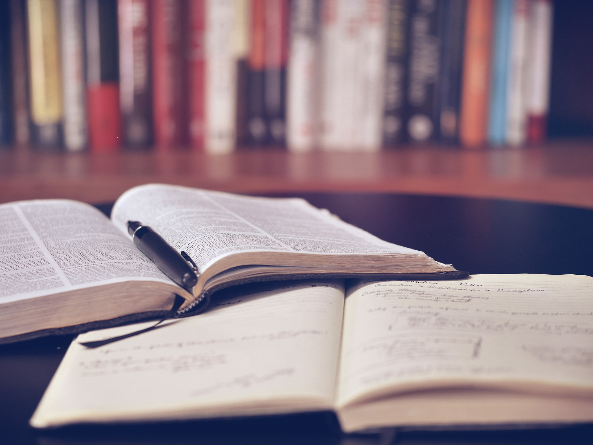 Image of 2 open books and an ink pen