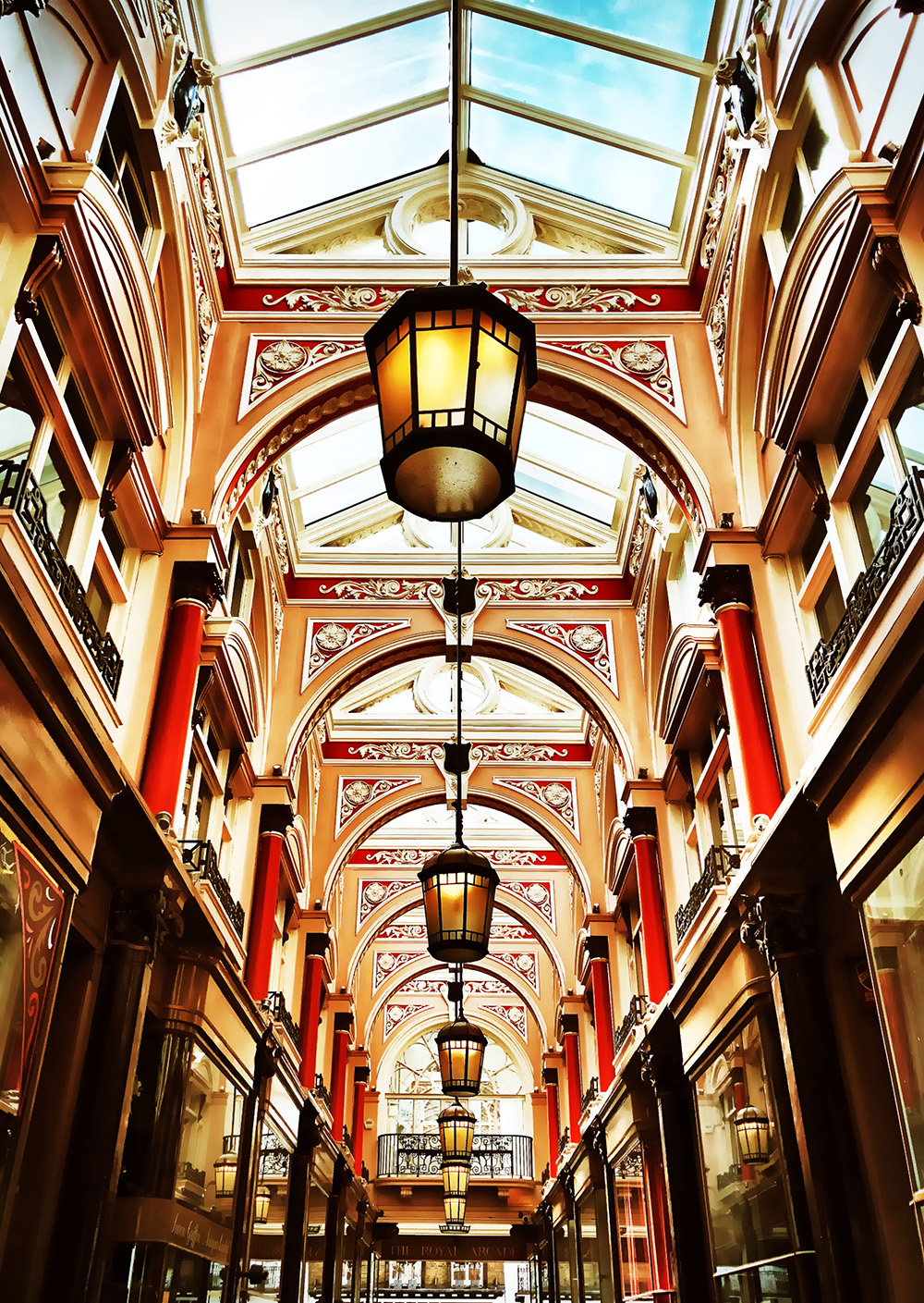 Image of an ornate shopping arcade ceiling in London